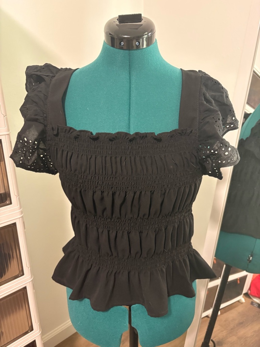 Black Smocked Square-Neck Peasant Blouse